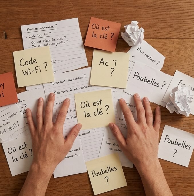 Table couverte de post-its avec les mêmes questions répétées : Code Wi-Fi ?, Où est la clé ?, Poubelles ?
