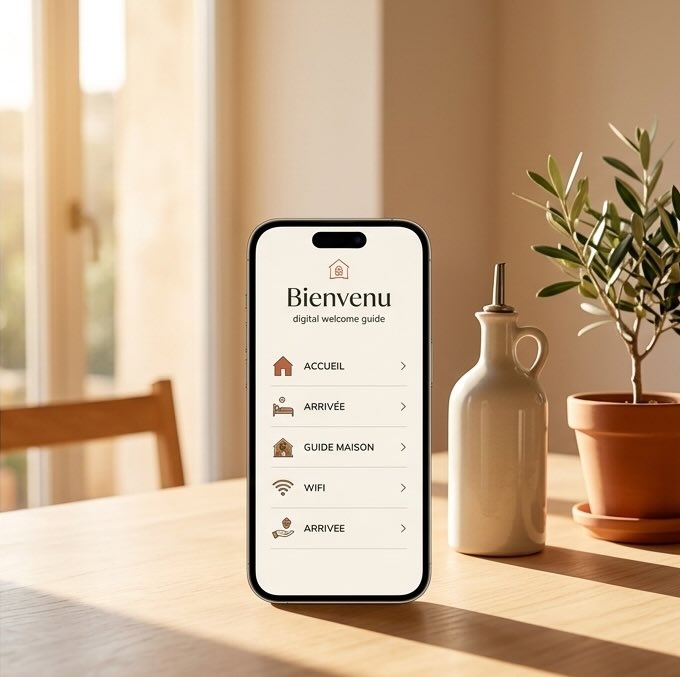 Téléphone affichant l'application Bienvenu posé sur une table en bois avec une plante d'olivier et une carafe en céramique