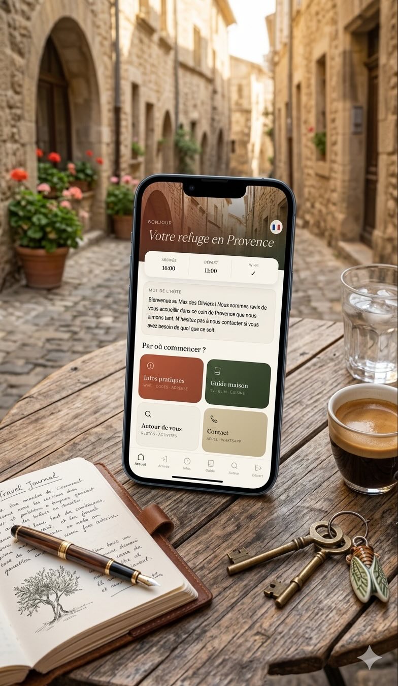 Téléphone affichant le livret numérique Bienvenu posé sur une table en Provence avec un café et des clés