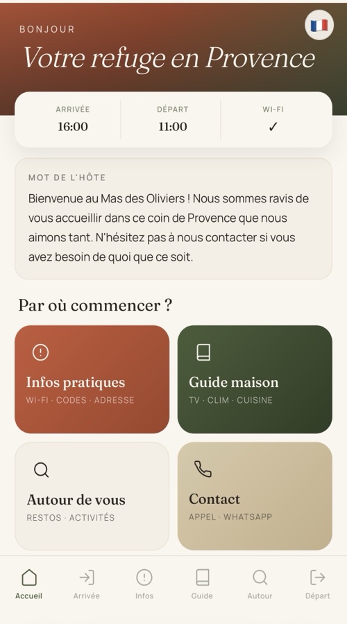 Interface de l'application Bienvenu sur smartphone : Wi-Fi, horaires, guide maison et contact de l'hôte en un seul endroit