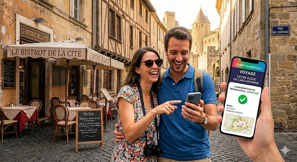 Couple de voyageurs consultant le livret numérique Bienvenu sur smartphone dans une ruelle de Carcassonne